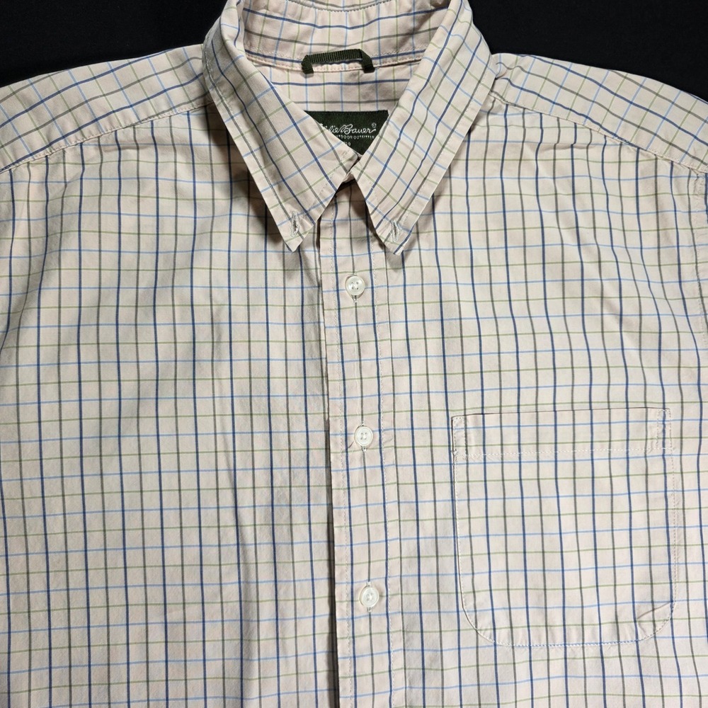 Eddie Bauer Mens Medium Short Sleeve Button Down Shirt Tan Blue Green Tattersall